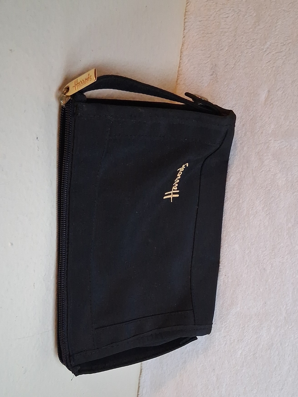 Harrods Black Canvas Wristlet with Gold Logo Accent